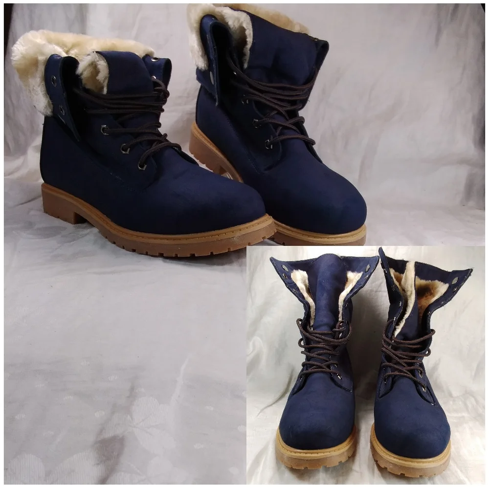 DREAM PAIRS Navy Blue BOOTS Womens Size 10 Faux Fur Lined Lace Up Fold Ankle